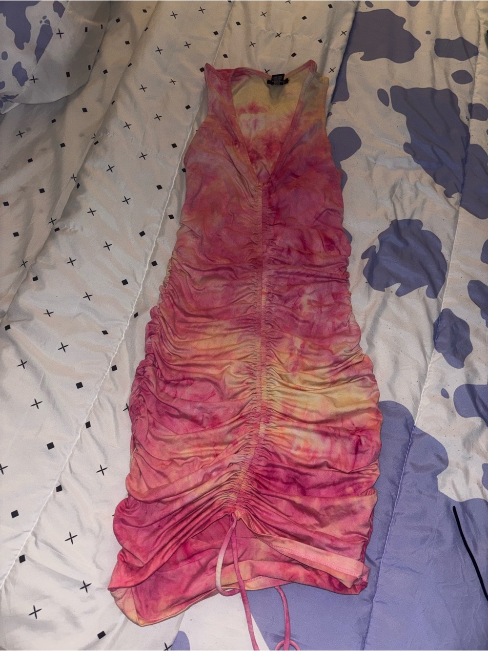 Rue21 Pink and Yellow Ruched Tie-Dye Bodycon Dress